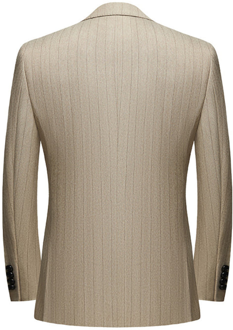 Back view of sharp slim-fit khaki suit jacket showing structured shoulders