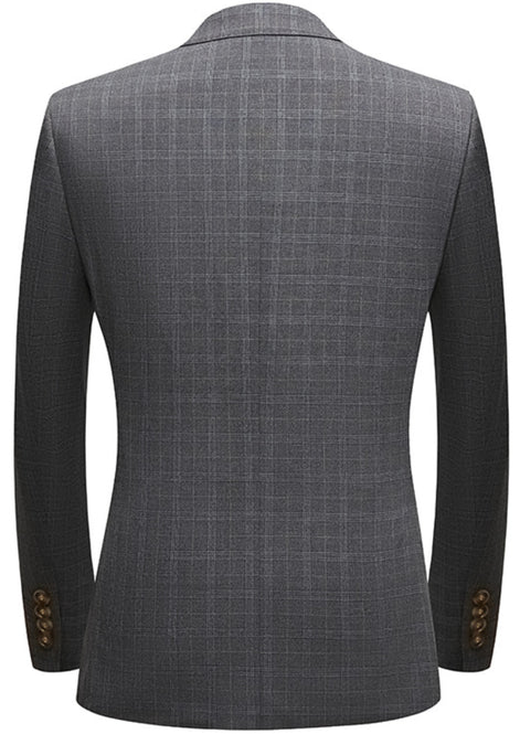 Back view of charcoal grey slim fit plaid suit showing sharp shoulders