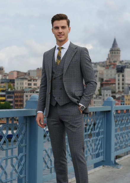 The Graphite Windowpane - Charcoal Grey Textured 3-Piece Suit Set