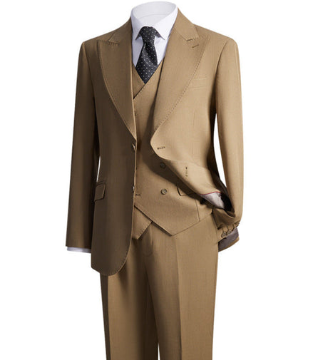 Men's Peak Lapel 3-piece Barge Collar Brown  Suit
