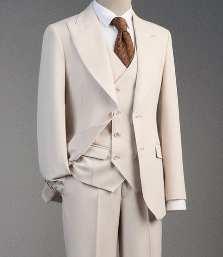Men's Peak Lapel 3-piece Barge Collar White Suit