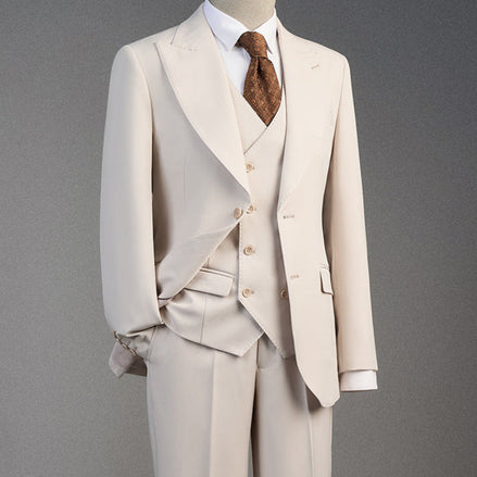 Men's Peak Lapel 3-piece Barge Collar White Suit