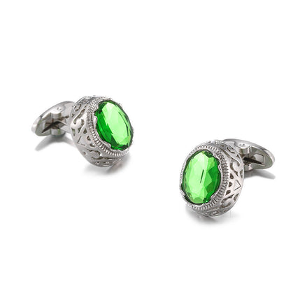 Men's Green Crystal Cufflinks Silver-Plated Copper Round Sleeve Studs