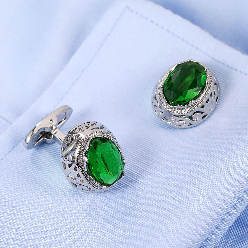 Men's Green Crystal Cufflinks Silver-Plated Copper Round Sleeve Studs