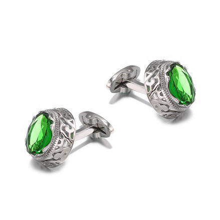 Men's Green Crystal Cufflinks Silver-Plated Copper Round Sleeve Studs