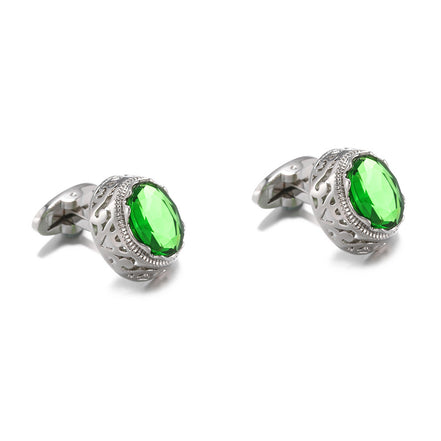 Men's Green Crystal Cufflinks Silver-Plated Copper Round Sleeve Studs