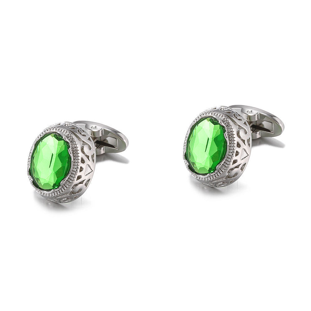 Men's Green Crystal Cufflinks Silver-Plated Copper Round Sleeve Studs