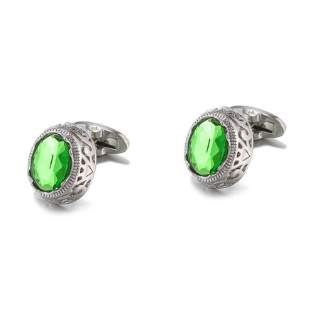 Men's Green Crystal Cufflinks Silver-Plated Copper Round Sleeve Studs