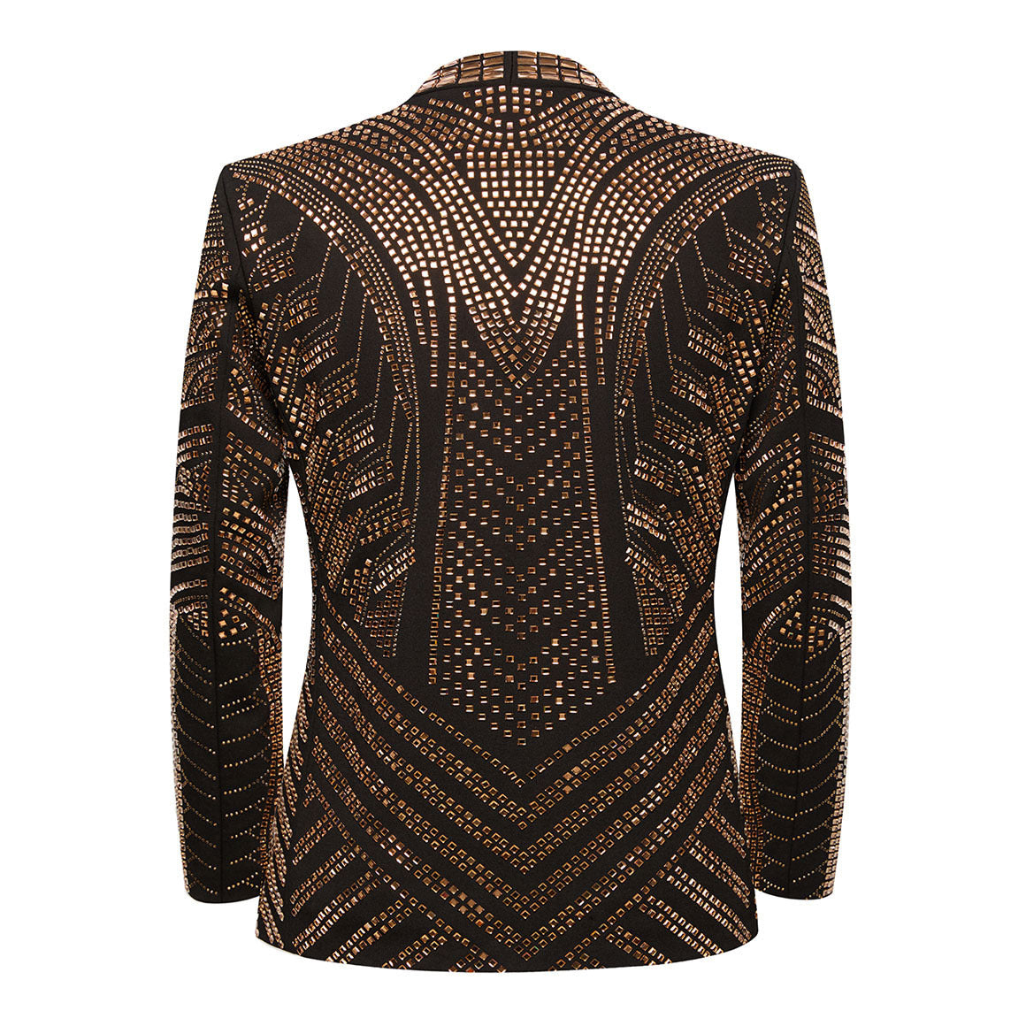Back view of The Gilded Pharaoh jacket showing the Roman-inspired geometric crystal totem
