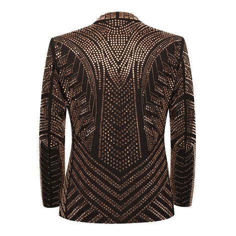 Back view of The Gilded Pharaoh jacket showing the Roman-inspired geometric crystal totem