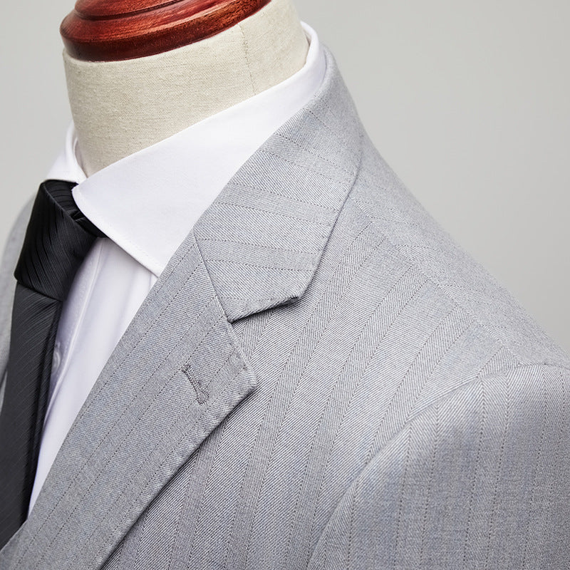 Close up of notched lapel and textured pinstripe fabric on The Sterling Pinstripe suit

