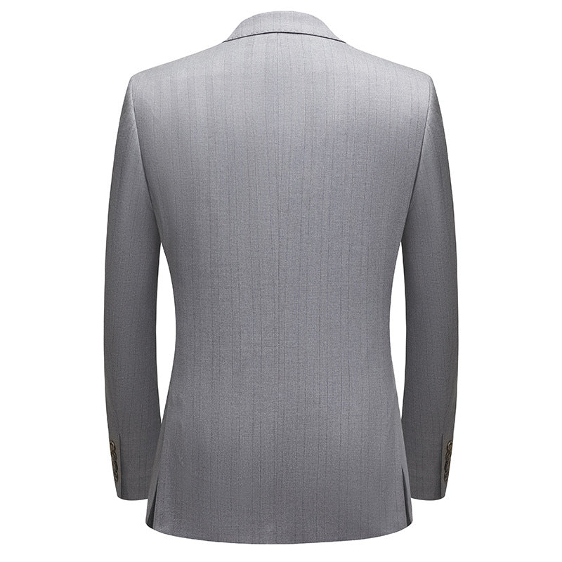 Sharp slim fit back view of The Sterling Pinstripe suit jacket showing structured shoulders