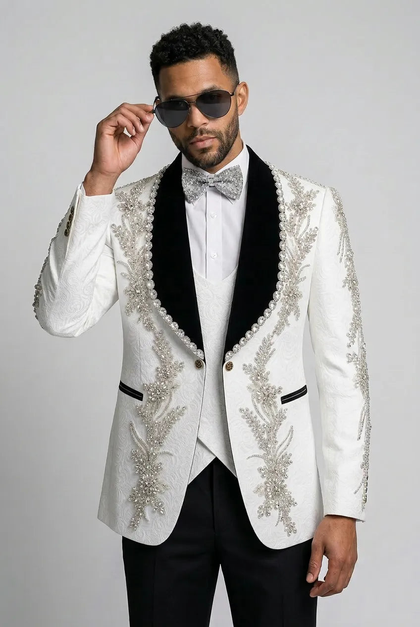 Diamond Empyrean - White Jacquard & Heavy Crystal 3-Piece Tuxedo