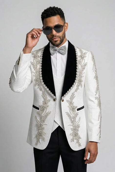 Diamond Empyrean - White Jacquard & Heavy Crystal 3-Piece Tuxedo