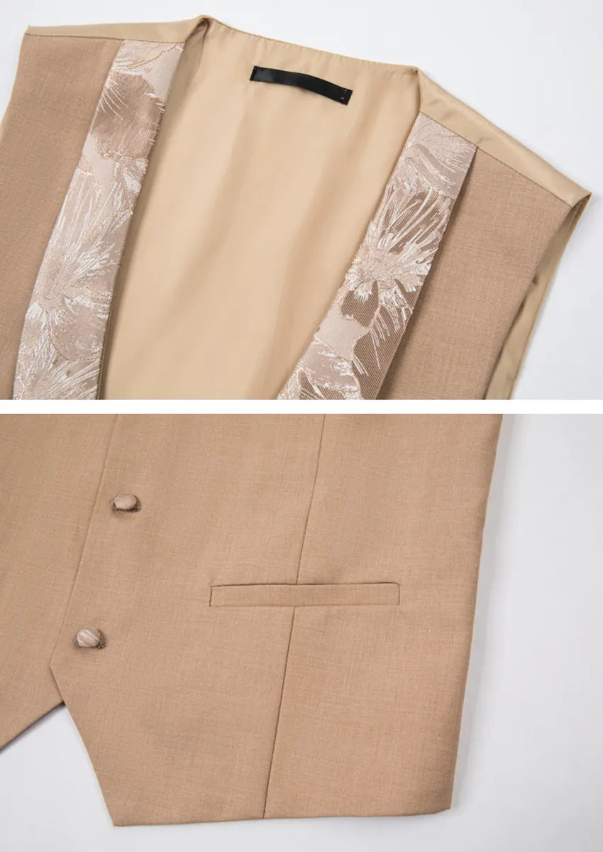 Champagne Gold Floral Jacquard Shawl Tuxedo - studio view 7 - Nevo Suit