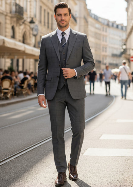 Men’s Gray Windowpane Plaid Slim Fit 3-Piece Suit