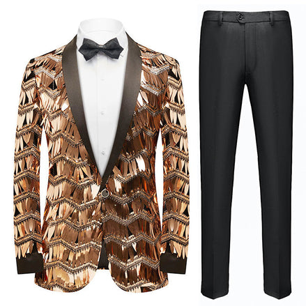 Rose gold chevron sequin tuxedo jacket and black pants front view