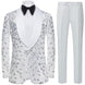White velvet dinner jacket with silver sequin feather pattern front view