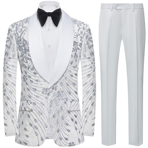 White velvet dinner jacket with silver sequin feather pattern front view