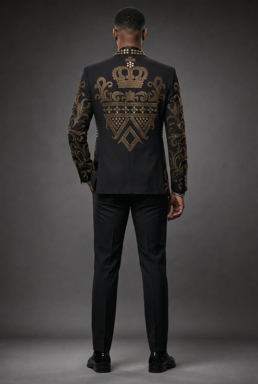 Diadem Pharaoh black dinner jacket with gold crown and scrolling crystal detailing - product view 02