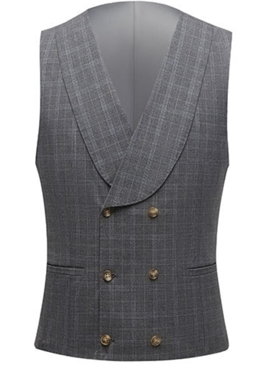 Close up of double-breasted U-cut vest in charcoal windowpane plaid