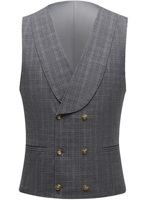 Close up of double-breasted U-cut vest in charcoal windowpane plaid