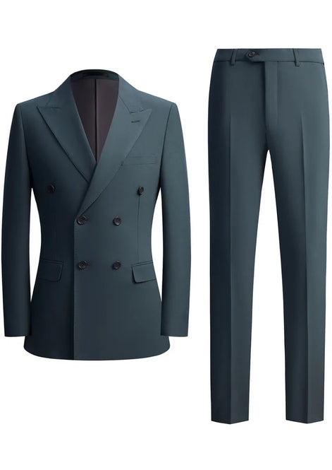 Men’s Green Double-Breasted 2-Piece Suit with Barge Collar