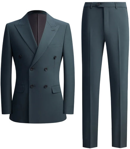 Men’s Green Double-Breasted 2-Piece Suit with Barge Collar