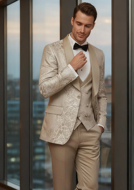 Champagne gold shimmering jacquard tuxedo lifestyle shot - Nevo Suits