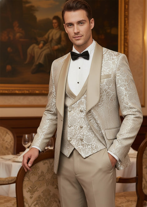 Champagne gold shimmering jacquard 3-piece set flat lay - Nevo Suits