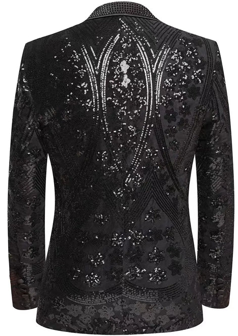 Back view of The Obsidian Galaxy black sequin jacket showing patterned texture
