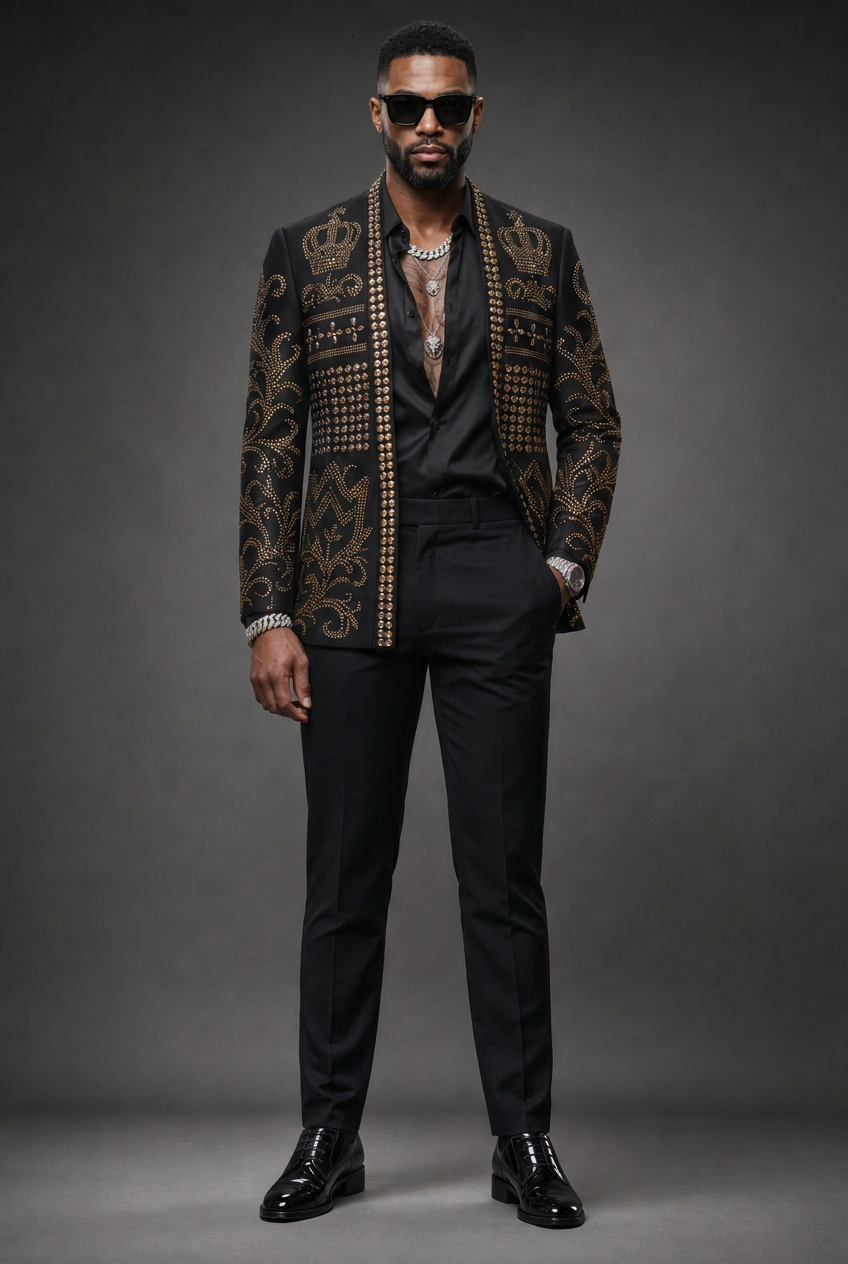 Diadem Pharaoh black dinner jacket with gold crown and scrolling crystal detailing - product view 01