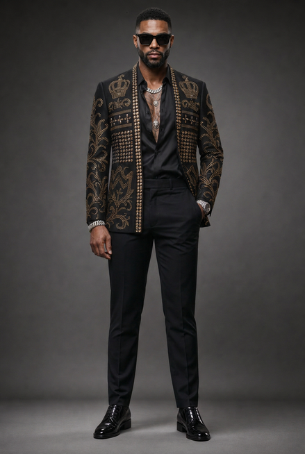 Diadem Pharaoh black dinner jacket with gold crown and scrolling crystal detailing - product view 01
