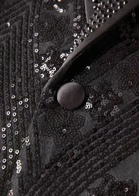 Close up of black fabric-covered buttons on sequined velvet sleeve