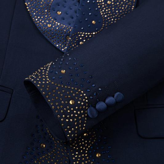 Flat Lay - Complete Dark Blue Rhinestone Tuxedo Set - Nevo Suit