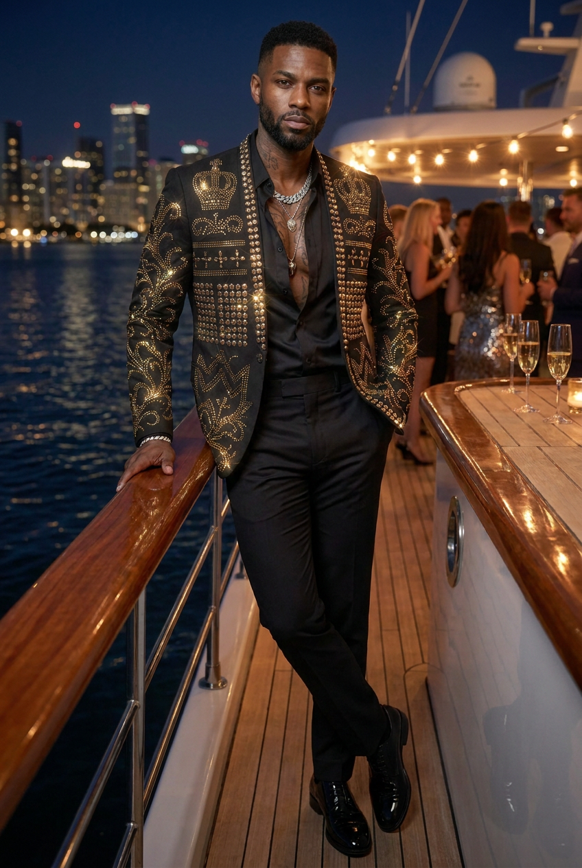 Diadem Pharaoh black dinner jacket with gold crown and scrolling crystal detailing - product view 14
