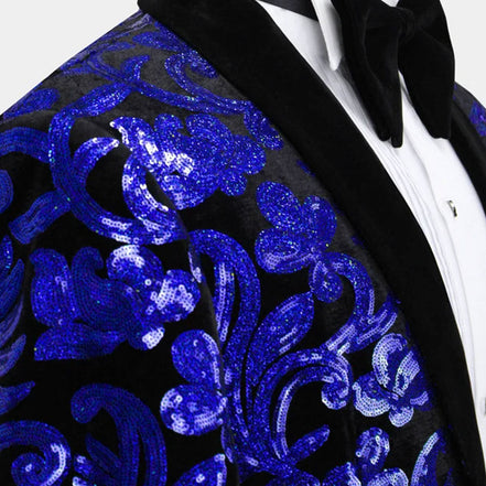 Men's 2-Piece Sparkle Floral Blue Sequin Suit