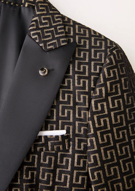 Men’s 3-Piece Black Tuxedo with Gold Embroidery and Barge Collar
