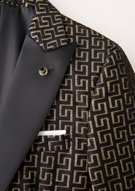 Obsidian Pantheon - Black & Gold Greek-Key Jacquard Peak Lapel 3-Piece Tuxedo - Nevo Suit™