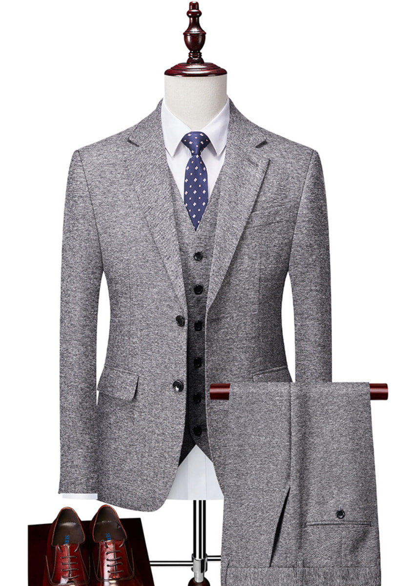 Men’s Silver Wool-Blend 3-Piece Suit with Flat Barge Collar