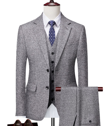 Men’s Silver Wool-Blend 3-Piece Suit with Flat Barge Collar