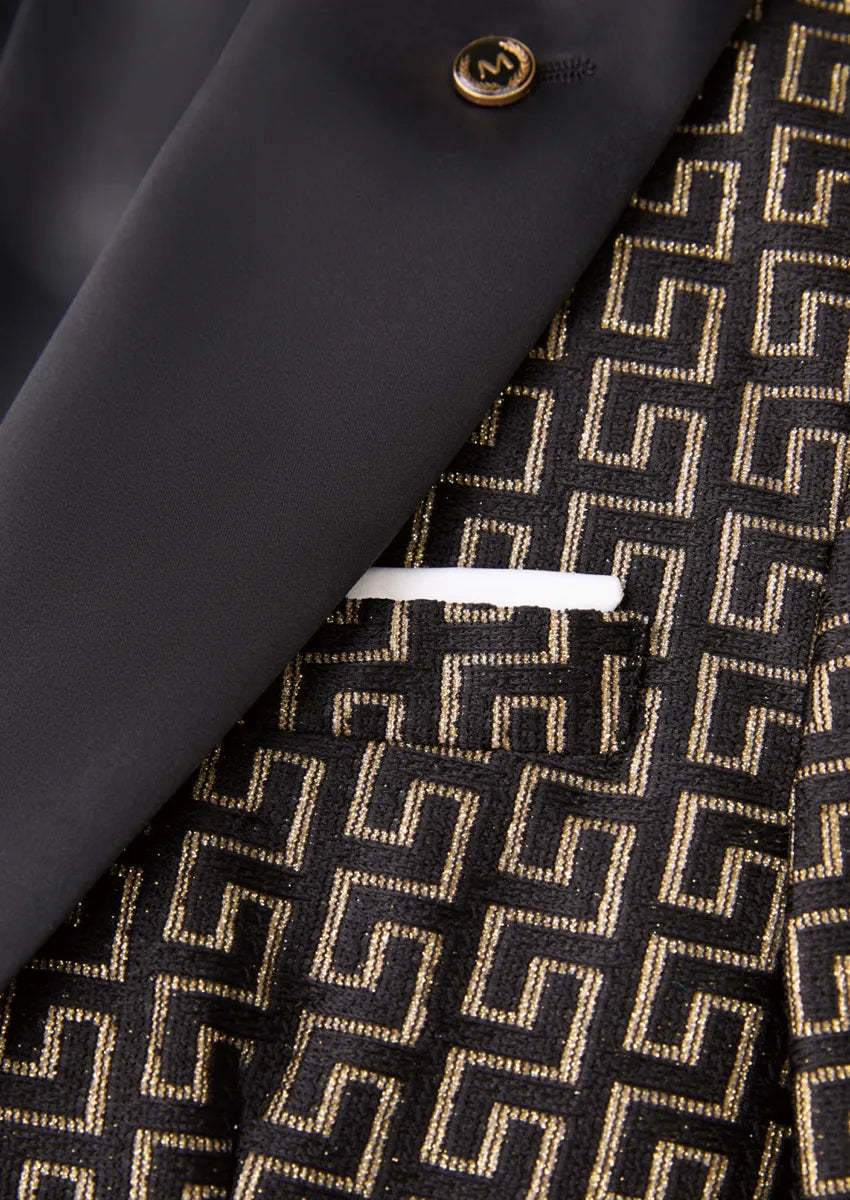 Men’s 3-Piece Black Tuxedo with Gold Embroidery and Barge Collar