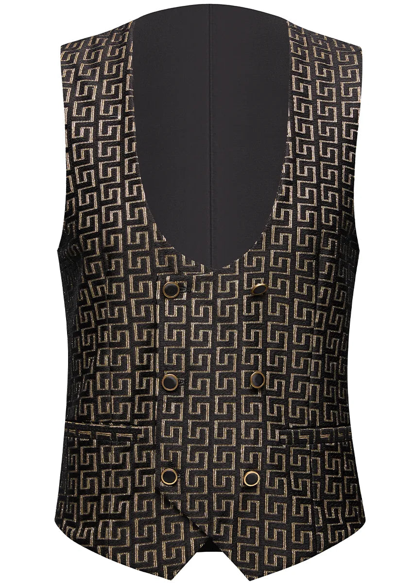 Men’s 3-Piece Black Tuxedo with Gold Embroidery and Barge Collar
