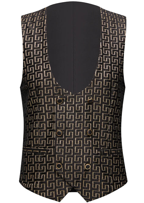 Obsidian Pantheon - Black & Gold Greek-Key Jacquard Peak Lapel 3-Piece Tuxedo - Nevo Suit™