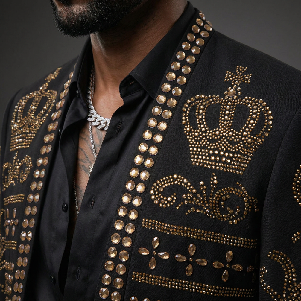 Diadem Pharaoh black dinner jacket with gold crown and scrolling crystal detailing - product view 07