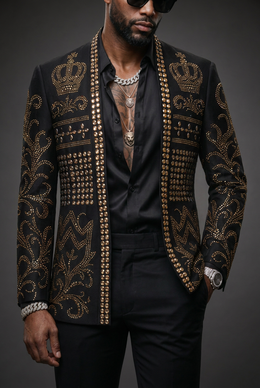 Diadem Pharaoh black dinner jacket with gold crown and scrolling crystal detailing - product view 03