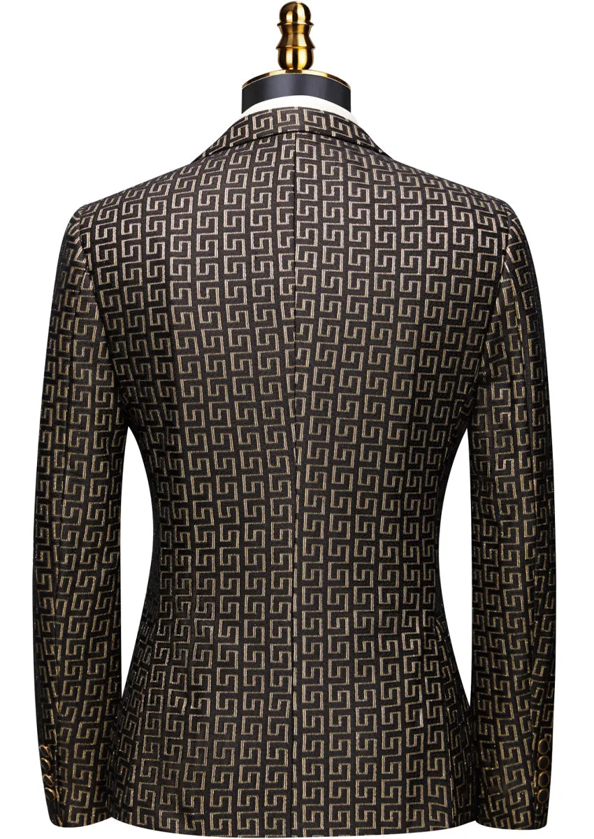 Men’s 3-Piece Black Tuxedo with Gold Embroidery and Barge Collar