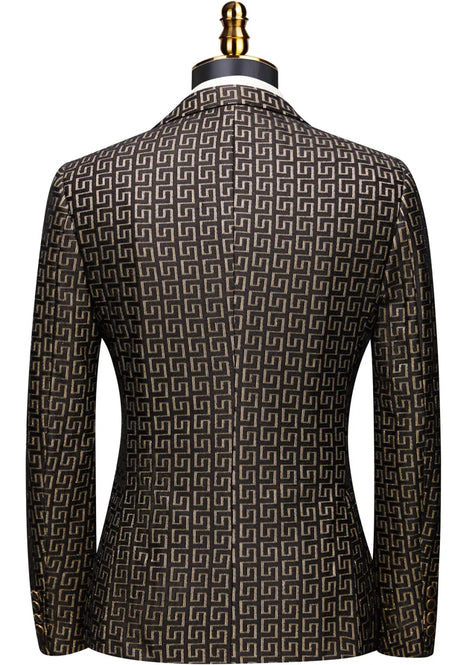 Obsidian Pantheon - Black & Gold Greek-Key Jacquard Peak Lapel 3-Piece Tuxedo - Nevo Suit™