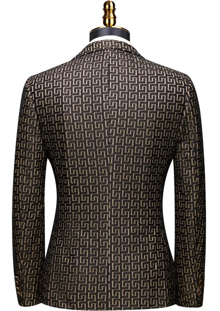 Obsidian Pantheon - Black & Gold Greek-Key Jacquard Peak Lapel 3-Piece Tuxedo - Nevo Suit™