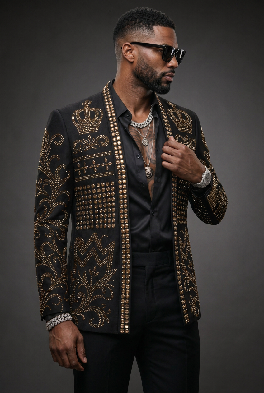 Diadem Pharaoh black dinner jacket with gold crown and scrolling crystal detailing - product view 05